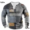 Camiseta de Manga Larga a Cuadros Retro para Hombre Top Gráfico a Cuadros Camiseta de Manga Larga Impresa en 3D Talla Grande Camisa Henley Superior para Hombre