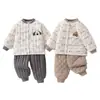 Conjunto de duas peças para bebê, jaqueta de algodão acolchoada e espessa para outono e inverno (120g) e calça, agasalho infantil com top acolchoado