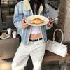 Jaqueta Top Acolchoada de Caxemira Lavada Versátil para Outono e Inverno Top Jaqueta Jeans Curta com Silhueta Retro Americana para Mulheres