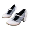 Nuevos zapatos de mujer de encaje Mary Jane de talla grande para comercio exterior, zapatos con tira en T de color bloqueado, zapatos de tacón alto grueso con hebilla de corte bajo para mujer