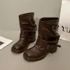 Botas Pantalona Retrô Novas Pretas Plissadas Botas de Cowboy Ocidentais Bico Redondo Salto Grosso Fivela Curta no Tornozelo Botas de Cavaleiro Femininas