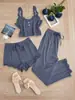 Conjunto de encaje de tres piezas de venta caliente transfronterizo europeo y americano: Camisola, Shorts, Pantalones Largos, Pijama