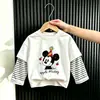 Conjunto de duas peças para meninas para primavera e outono: camiseta listrada com estampa de desenho animado estilosa, top versátil de manga longa 100% algodão