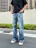 Calça jeans vintage desbotada e rasgada para homens, corte reto solto, estilo vibe high street, perna larga, calça comprida até o chão para adolescentes