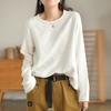Camiseta de Algodón y Lino para Primavera y Otoño para Mujer, Color Sólido, Jacquard, Holgada, Slim, Cuello Redondo, Jersey Casual Fácil de Combinar, Manga Larga, Top Interior