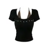 Camiseta Falsa Duas Peças Preta de Manga Curta para Mulheres, Gola Halter, Costura com Estampa de Leopardo, Toque de Designer, Emagrecimento, Top Sem Mangas Hot Girl, Moderno