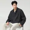Camisa Casual Rayada Simple Estilo Japonés para Hombre, Temporada de Primavera, Chaqueta Camisa de Cuello Campana Holgada Versátil de Alta Gama, Tendencia
