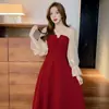 Vestido de retazos estilo francés para primavera y otoño con colores contrastantes, mangas abullonadas, cintura alta y silueta acampanada de longitud media - venta al por mayor para ventas transfronterizas