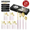 Amazon Transfronterizo Cubiertos de Acero Inoxidable Cuchillo Portugués, Tenedor y Cuchara Set de 24 Piezas Cuchillo para Filete, Tenedor y Cuchara Estilo Occidental Set en Caja de Regalo