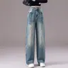 Jeans de dobladillo curvo para mujer, nuevo estilo primavera y otoño 2026, adelgazantes, desgastados, diseño holgado, pantalones de pierna ancha con una caída elegante