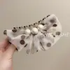 Pinza de Plátano de Malla con Lunares Estilo Hada, Lazo y Perla para Viajes al Trabajo, Pinza para Cola de Caballo Alta, Accesorio para el Cabello de Lujo Ligero y de Alta Gama