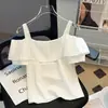 Camiseta de Hombros Descubiertos para Niña, Top de Manga Corta, Estilo Coreano de Verano, Ajuste Delgado, Tirante con Volantes, Camiseta Interior para Ropa Exterior