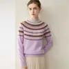 Camisa base de malha 100% caxemira pura feminina para outono e inverno com padrão jacquard Fair Isle, suéter pullover grosso, macio e estilo vintage