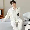 Pijama de Algodón Puro para Pareja para Primavera y Otoño, Manga Larga para Hombre 2026 Nuevo Dibujo Animado para Mujer Ropa de Casa Conjunto de Dos Piezas