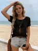 Fornecimento Exclusivo Transfronteiriço de Tops de Tricô Vazados para Mulheres, Verão 2026 Finos Respiráveis de Manga Curta, Caimento Ajustado para Férias na Praia