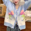 Cardigan de punto con flores tridimensionales y lazo, estilo coreano, otoño nuevo, holgado, perezoso, color de contraste, abrigo superior, suéter para mujer