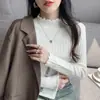 Blusa base texturizada chique azul para mulheres, outono e inverno, gola semi-alta, que reduz a idade, malha canelada interna, suéter de tricô
