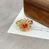 Anel Aberto Simples com Zircônia Laranja-Vermelha Vintage para Mulheres, Estilo Floral Retrô, Anel de Dedo Indicador de Nicho