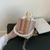 Bolso de Cubo de Paja con Perlas Estilo Dulce para Mujer Bolso de Verano 2025 Nuevo Bolso de Hombro de Color Contrastante Bolso Cruzado de Moda