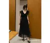 Vestido Longo de Renda Floral Preto Texturizado Estilo Francês Briniv para Mulheres, Nova Coleção de Verão, Muito Bonito Decote V Afunilamento na Cintura Emagrecimento