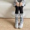 Calcetines Grues para Niñas Xiu Shang Mian Otoño Invierno Calcetines Altos hasta la Rodilla con Encaje y Lazo Estilo Coreano Ins Chica Calcetines Largos Cálidos
