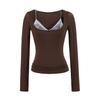 Camiseta Base Elegante con Ribete de Encaje, Top Estilo Coreano de Cuello en U Ajustado, Camiseta de Manga Larga Ajustada Estilo Puro Deseo