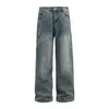 1056 Calle Principal Americana Unisex Gama Alta Lavado Retro Azul Diseño Desconstruido Holgado Jeans Rectos para Hombre