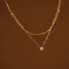 Colar Dupla Camada de Zircônia Redonda Europeu e Americano para Mulheres Tendência Ins Corrente de Clavícula Versátil Cravejada de Diamante Moda Colar de Aço Titânio