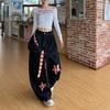 Comercio Transfronterizo Jeans de Pierna Ancha a Cuadros Patchwork Dulce Chica Fresca para Mujer Lavado Negro Cintura Alta Frescos y Atractivos Holgados con Caída