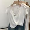 Camiseta de Lino y Algodón Versátil con Cuello en V, Estampado de Copos de Nieve, Holgada, Manga Corta para Mujer, Color Sólido, Casual Relajado, Top Básico de Verano 2026