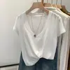 Camiseta Base de Lino y Algodón Rosa Girly con Escote en V y Copos de Nieve para Mujer, Nuevo Estilo Verano 2026, Camiseta Holgada de Manga Corta Estilo Perezoso