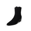 Botas de cowboy ocidentais de veludo de vaca estilo britânico 2024 inverno grosso salto médio couro pontudo damasco boca em V botas curtas para mulheres