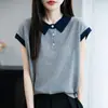 Top de Bambú y Lino para Mujer de Verano, Cuello Polo, Bloques de Color, Manga Corta, Holgado, Transpirable, Adelgazante, Artístico, Versátil, Algodón-Lino para Mujer