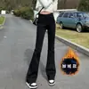 Calça Flare La Jeans Micro Preta Feminina Outono e Inverno 2024 Nova Cintura Alta Emagrecedora Forrada com Lã Stretch Calça Sino Coreana