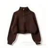 Suéter curto de gola alta com zíper parcial estilo coreano para mulheres, caimento solto, canelado, para baixinhas, cintura alta, cropped, top de tricô pullover para usar como peça externa