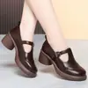 Colección de primavera y otoño: Zapatos de cuero de suela gruesa, punta redonda, tacón grueso, tira en T estilo retro, cuero suave - simples, versátiles y cómodos, perfectos para madres de mediana edad