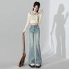 Jeans Acampanados Azul Claro para Mujer, Nuevo Estilo Otoño 2025, Tiro Alto, Diseño Elegante, Elásticos, Pantalones Acampanados para Persona Petita