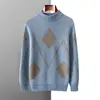 Novo suéter de malha 100% lã pura outono e inverno para homens, gola redonda, manga longa, caimento solto, color block, padrão argyle espessado, camada base