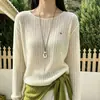 Suéter de Punto Calado de Color Sólido con Cuello Redondo, Nuevo Estilo Primavera y Otoño para Mujer, Corte Holgado, Adelgazante, Manga Larga, Suéter Delgado, Top de Capa Base