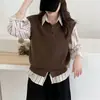 Colete Cardigan de Tricô Lã Puro Gola Redonda Estilo Coreano para Mulheres Outono/Inverno Sem Mangas Suéter Xale Top para Camada