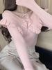 Camiseta Básica de Tricô com Babado na Gola Doce Boneca Desejo Puro Feminina Primavera e Outono 2026 Novo Suéter Top Interno