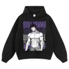 Sudadera con capucha lavada y efecto desgastado con estampado de anime, sudadera con capucha oversized vintage desgastada, sudadera con capucha de cuello redondo sin cierre
