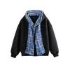 Yidao Vintage 2026 Primavera Marca da Moda Patchwork Design Cardigan com Capuz Xadrez Moletom Jaqueta Unissex