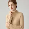 Camisa base de tricô com gola alta e acabamento franzido para outono e inverno, suéter de manga longa, macio e amigável à pele, top interno elegante para mulheres