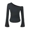 Estilo girl poderosa, camiseta de manga comprida ombro a ombro, nova coleção de outono, plissada, acinturada, justa ao corpo, elegante, com fenda e mangas bufantes, blusa feminina