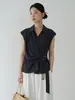 Ou FanCamisa de Manga Corta con Cuello en V de Color Sólido con Cordones en la Cintura para Mujer Estilo Verano Camisa Polo Adelgazante Top 11257