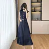 Vestido de Mezclilla Sencillo de Alta Gama Estilo Francés sin Mangas para Mujer, Verano Retro Estilo Hong Kong, Ceñido a la Cintura, Adelgazante, Corte A, Largo