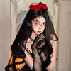 Festa de Halloween ~ Vestido de Noiva Fantasma Adereço de Cabeça Estilo Gótico Laço Vermelho Véu de Camada Dupla Grampo de Cabelo Acessórios de Cabelo