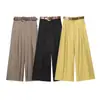 Estoque do Fabricante Atacado Roupas Femininas 2025 Novo Estilo Europeu e Americano Calças de Perna Larga da Moda com Cinto, Textura de Cetim de Seda