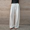 Calça Wide Leg Lisa de Linho e Liocel para Mulheres, Respirável e com Caimento, com Bolsos Laterais, Calça Casual, Estilo Retrô, Calça Reta de Cintura Alta